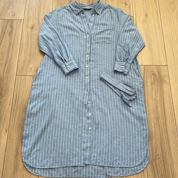 M&S Collection Blue Stripes Linen Blend Midi Shirt Dress - Picture 5 of 15